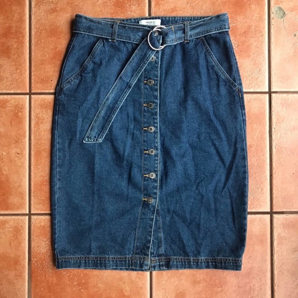 Forever 21 Belted Long Button Front Jean Skirt M - Picture 6 of 6
